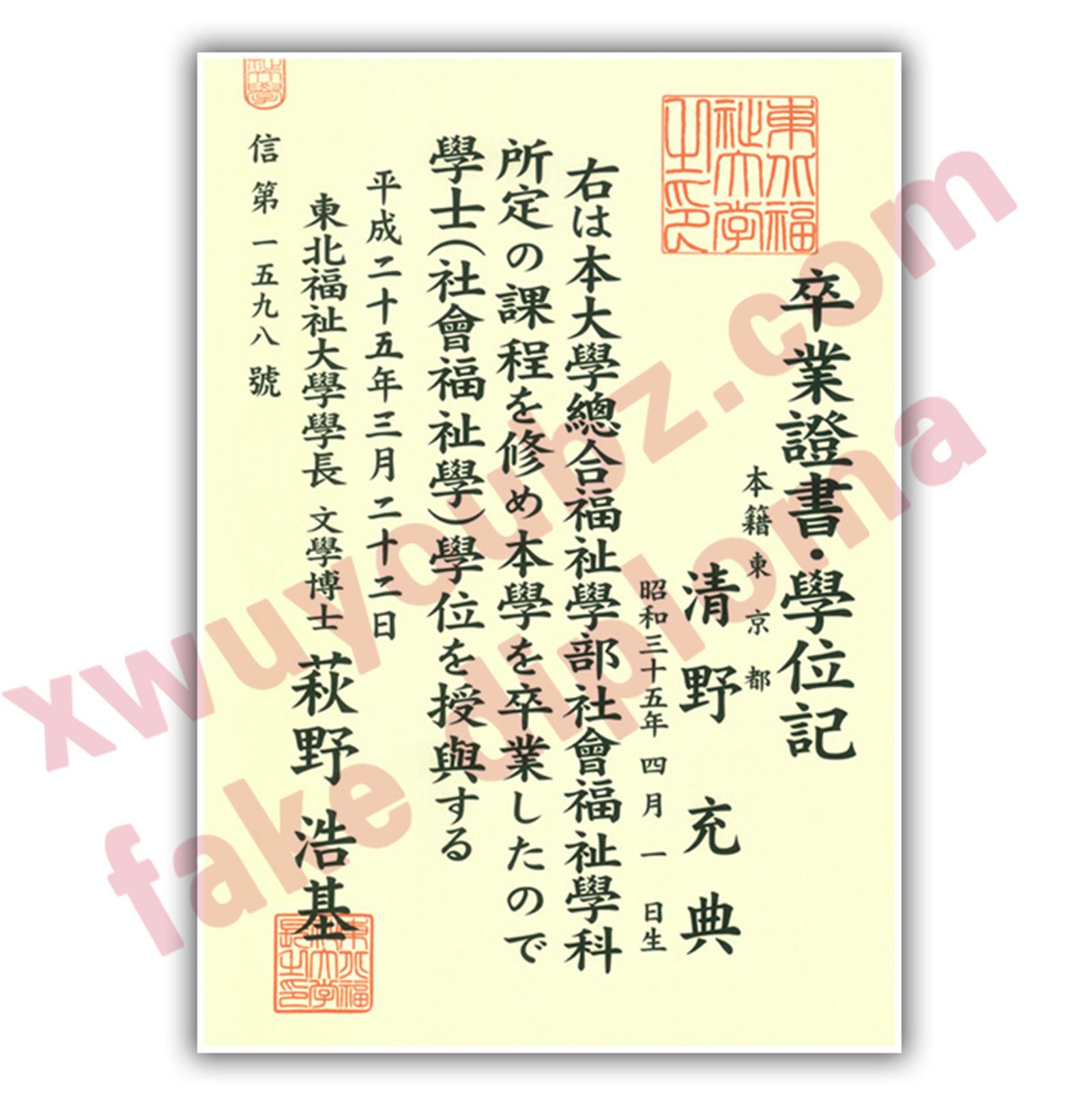 东北福祉大学文凭(おおさかげいじゅつだいがく，Northeast welfare university diploma 日文:東北福祉大学卒業証書)